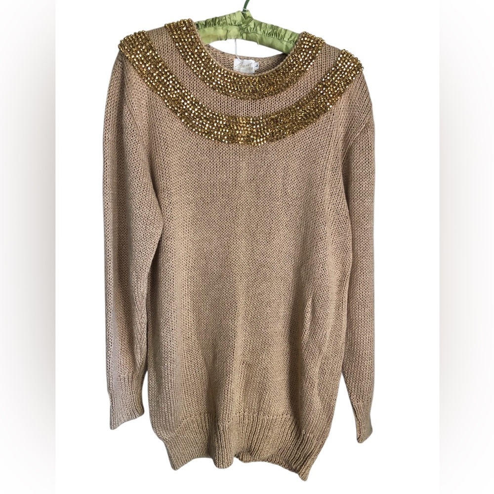 Vintage Beaded Yoke Taupe Crewneck Sweater Size Large 80’s 90’s
